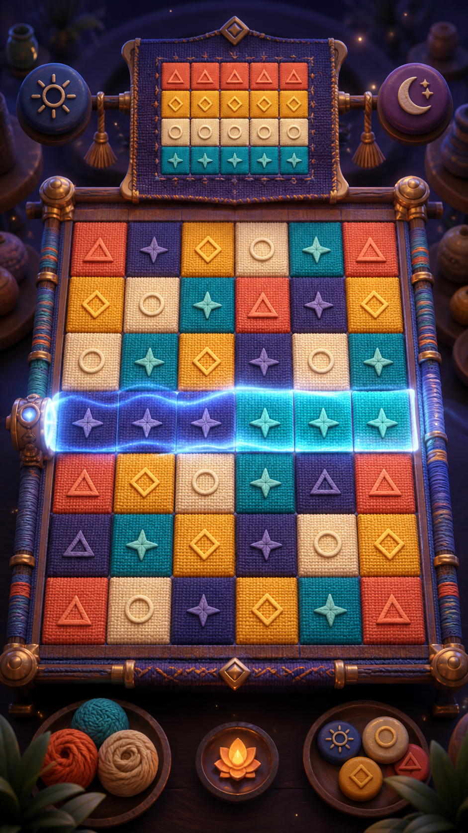 A woven Avenqel puzzle board with colorful symbol tiles and a luminous horizontal wave