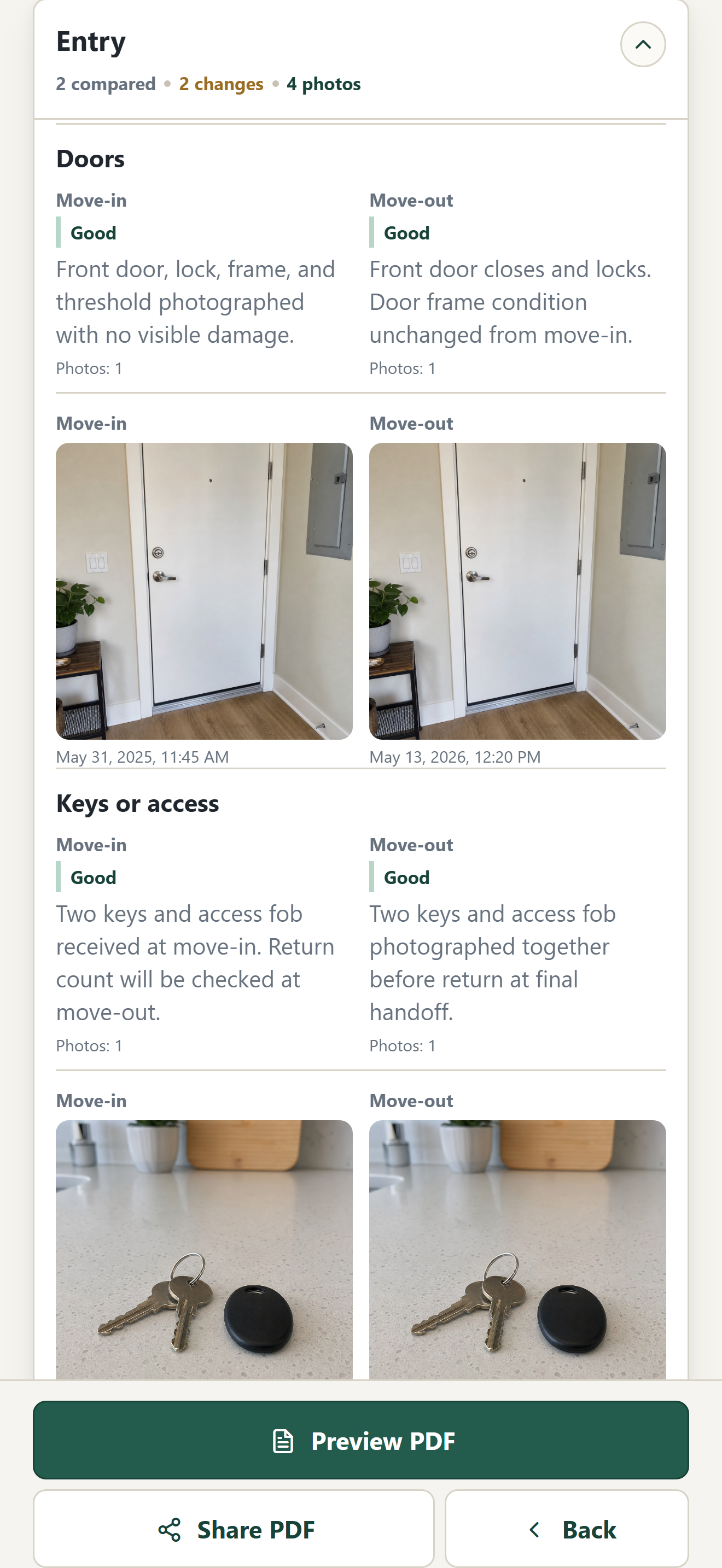 PlaceLedger move-in versus move-out comparison with paired door photos, notes, and timestamps