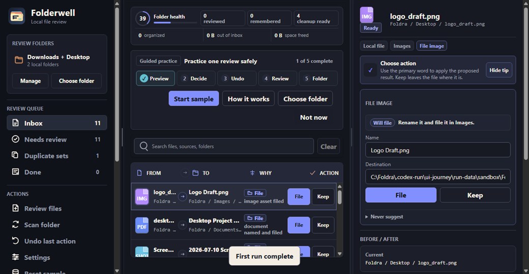 Folderwell beta review workspace showing current file names beside proposed results and filing reasons