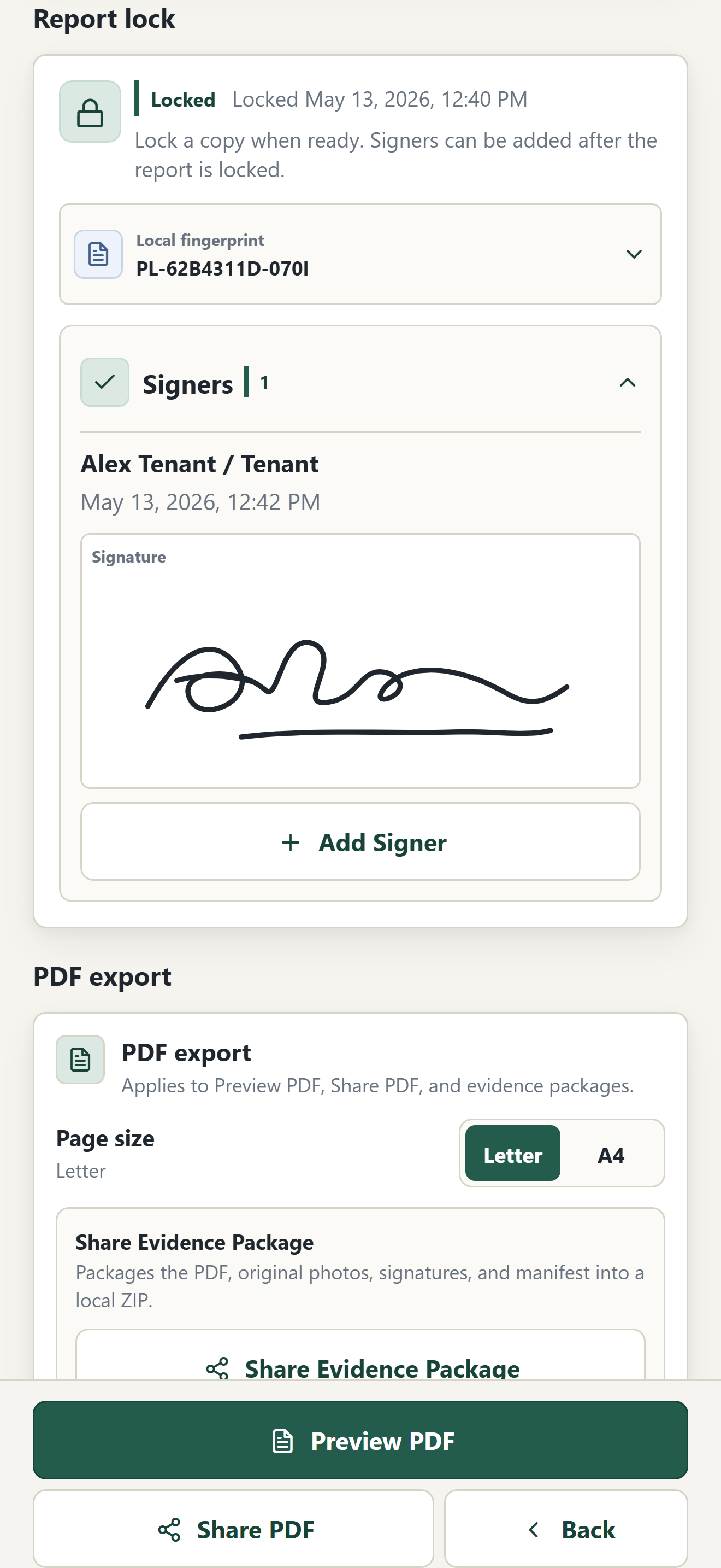 PlaceLedger report lock screen with signer acknowledgement and drawn signature