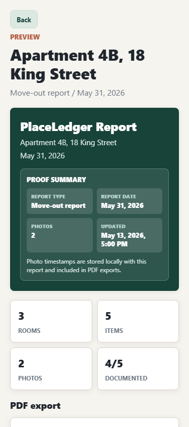 PlaceLedger report preview with proof summary