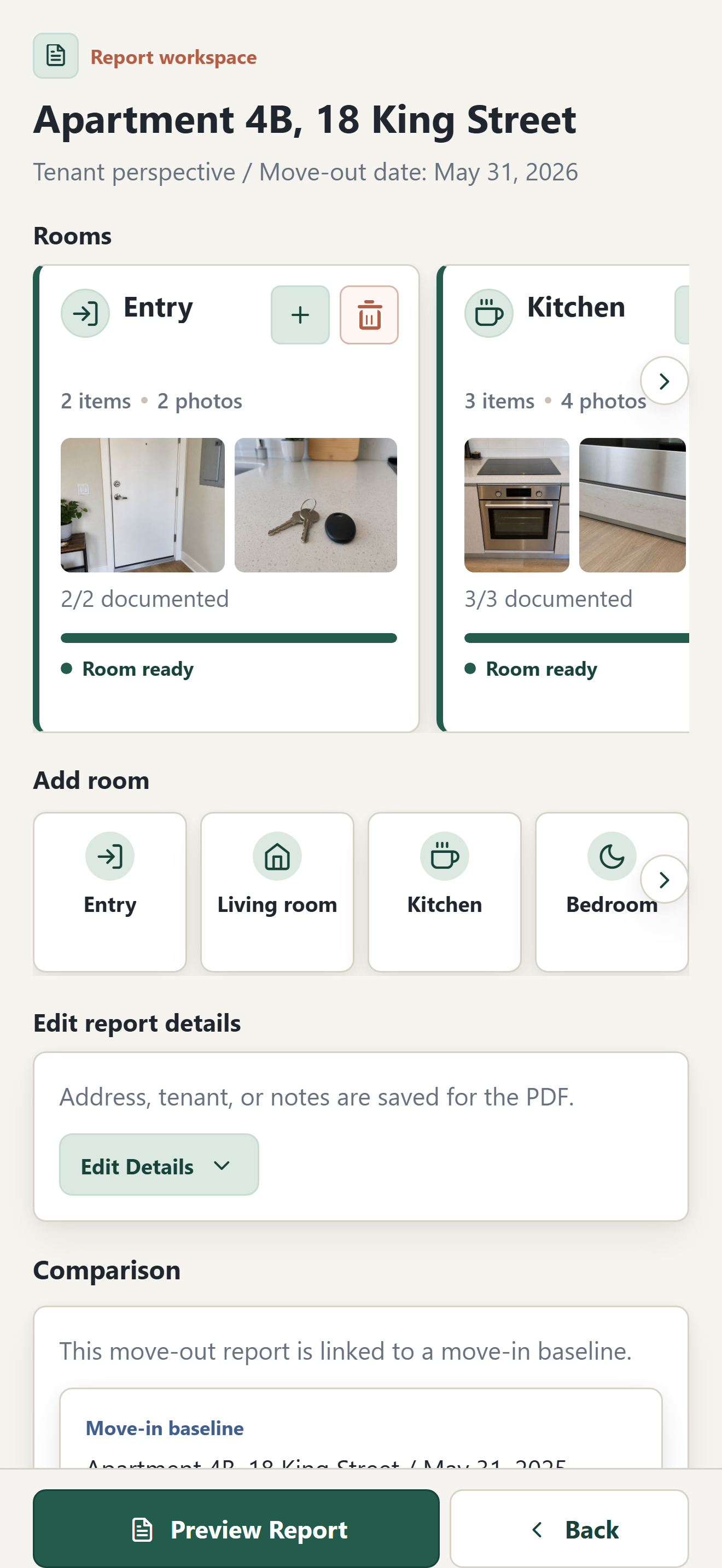 PlaceLedger report workspace showing room cards and report progress